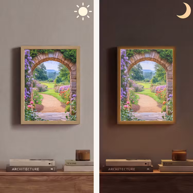 Doorkijk - Poort - Bloemen - Tuin Light Box met batterij (Wandlamp) middel -sfeer3