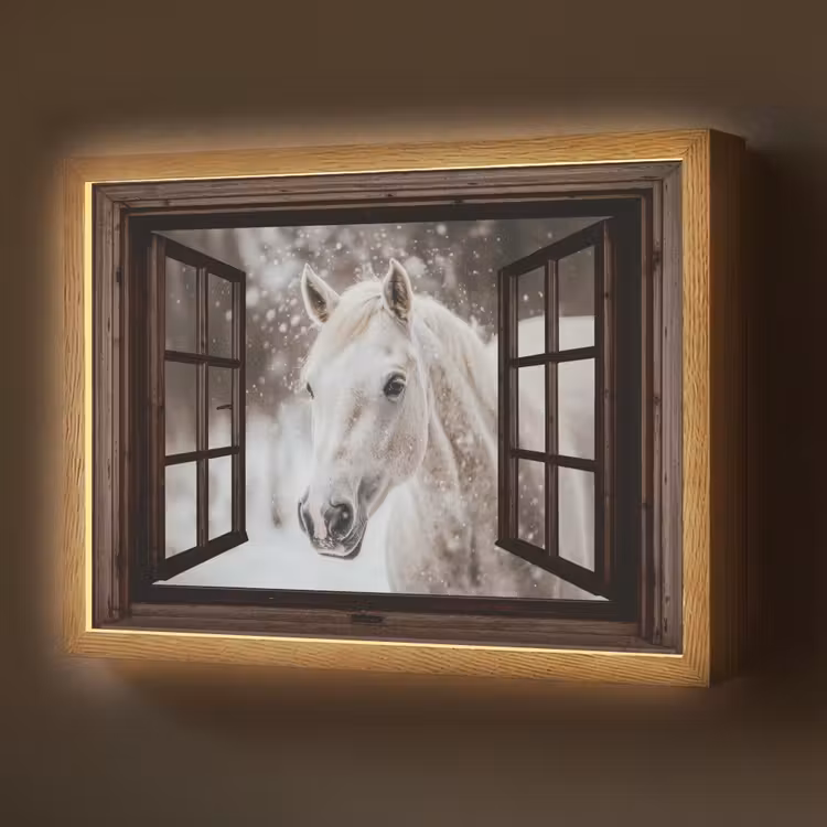 Doorkijk - Paard - Wit - Winterlandschap - Sneeuw Light Box met batterij (Wandlamp) middel -z3d_website