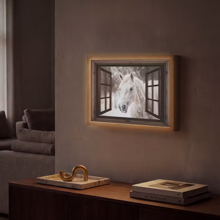 Doorkijk - Paard - Wit - Winterlandschap - Sneeuw Light Box met batterij (Wandlamp) middel -sfeer1