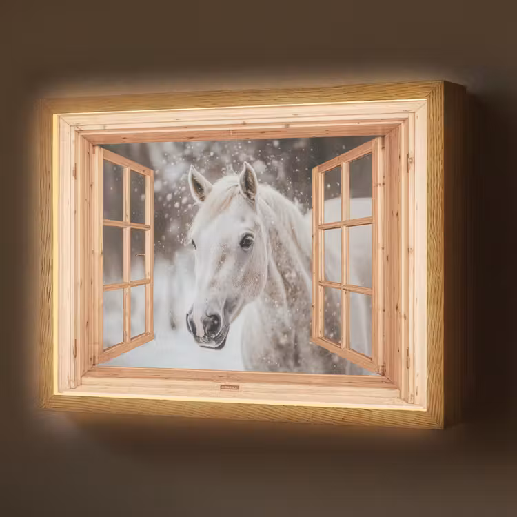 Doorkijk - Paard - Wit - Winter - Sneeuw - Dieren Light Box met batterij (Wandlamp) middel -z3d_website