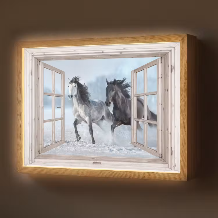 Doorkijk - Paarden - Winter - Dieren - Natuur - Wit Light Box met batterij (Wandlamp) middel -z3d_website