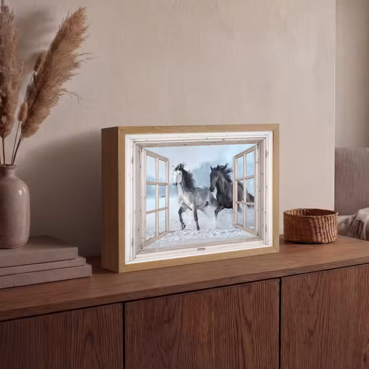 Doorkijk - Paarden - Winter - Dieren - Natuur - Wit Light Box met batterij (Wandlamp) middel -sfeer2
