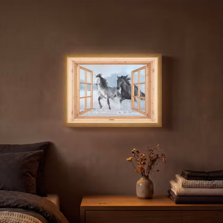 Doorkijk - Paarden - Winter - Dieren - Natuur - Hout Light Box met batterij (Wandlamp) middel -sfeer4