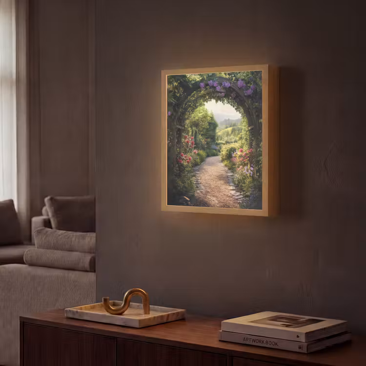 Doorkijk - Landschap - Bloemen - Tuinboog - Natuur Light Box met batterij (Wandlamp) middel -sfeer1