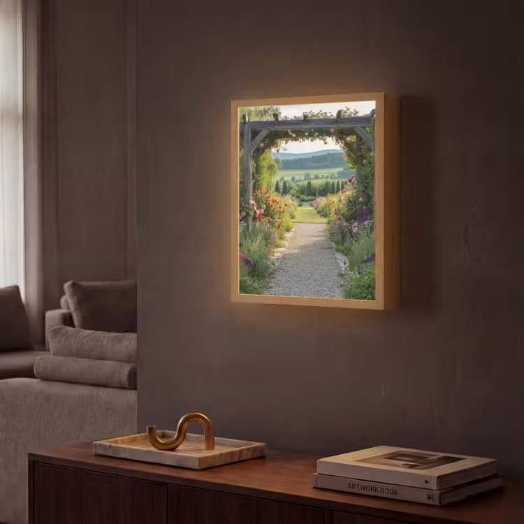 Doorkijk - Landschap - Natuur - Tuinboog - Bloemen Light Box met batterij (Wandlamp) middel -sfeer1