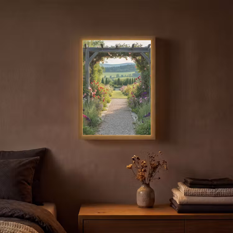 Doorkijk - Landschap - Natuur - Tuinboog - Bloemen Light Box met batterij (Wandlamp) middel -sfeer4