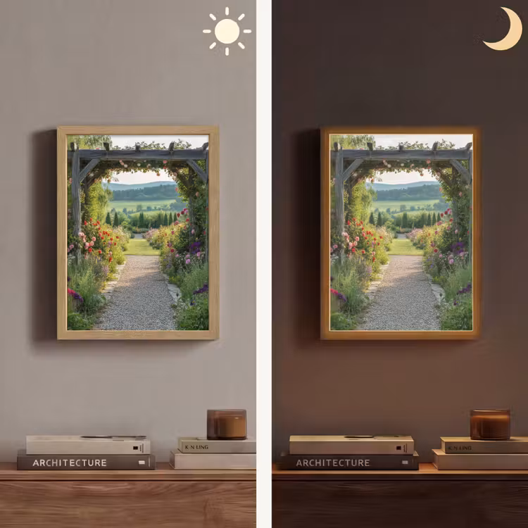 Doorkijk - Landschap - Natuur - Tuinboog - Bloemen Light Box met batterij (Wandlamp) middel -sfeer3