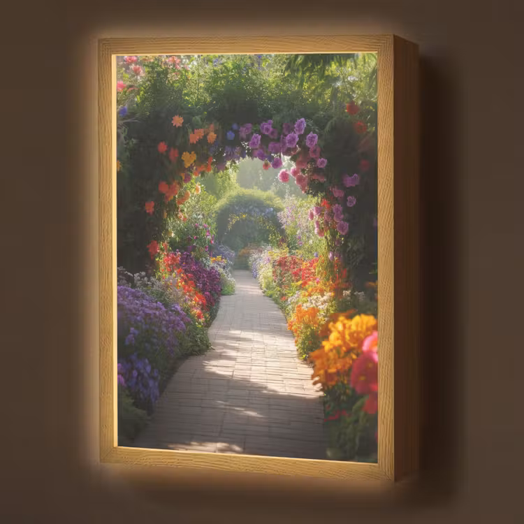 Doorkijk - Pad - Bloemen - Struik - Kleurrijk Light Box met batterij (Wandlamp) middel -z3d_website