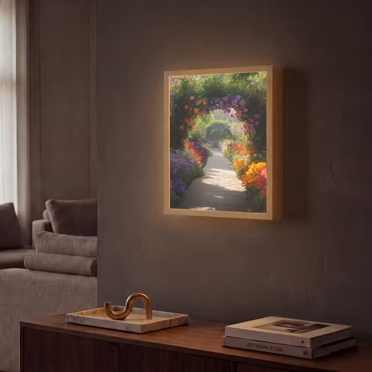 Doorkijk - Pad - Bloemen - Struik - Kleurrijk Light Box met batterij (Wandlamp) middel -sfeer1