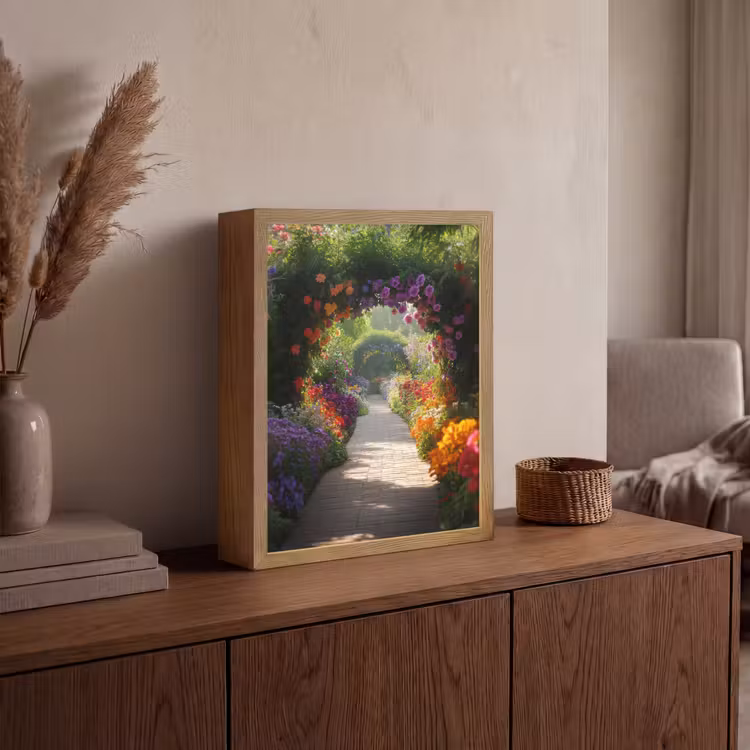 Doorkijk - Pad - Bloemen - Struik - Kleurrijk Light Box met batterij (Wandlamp) middel -sfeer2