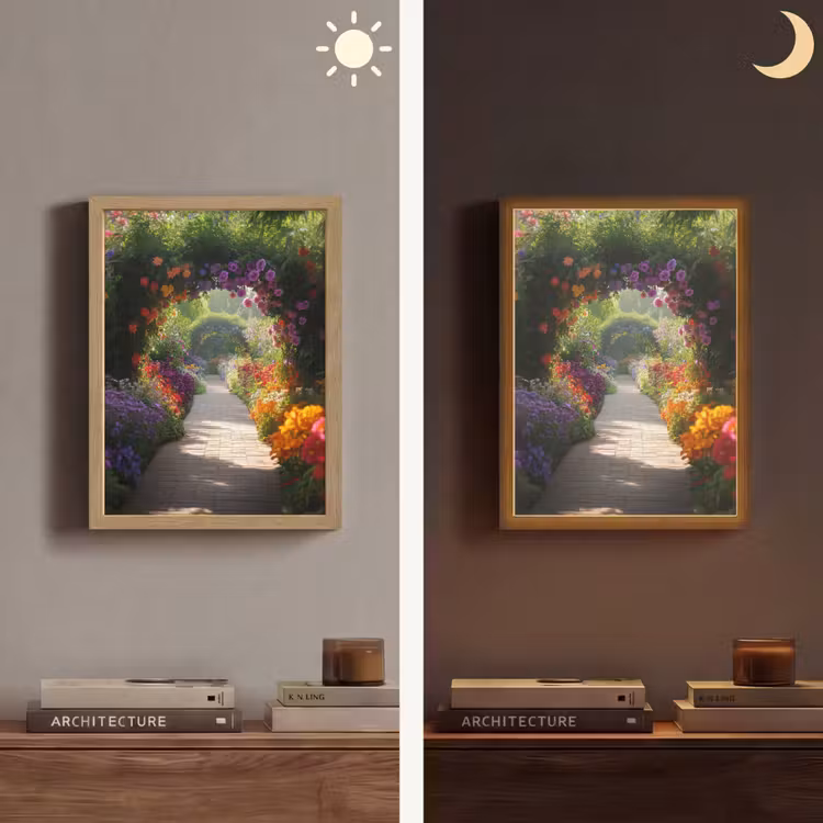 Doorkijk - Pad - Bloemen - Struik - Kleurrijk Light Box met batterij (Wandlamp) middel -sfeer3
