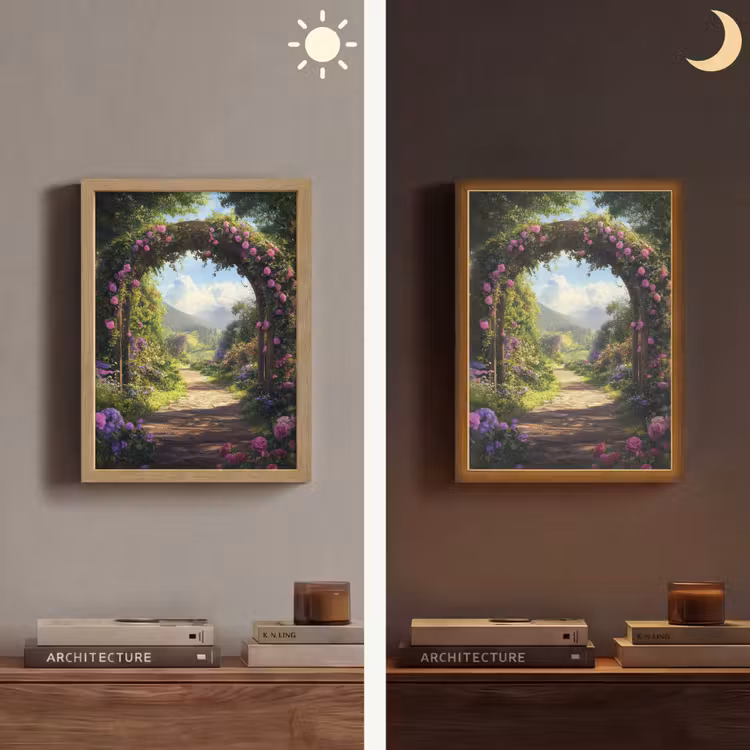 Doorkijk - Rozenboog - Uitzicht - Landschap - Bloemen Light Box met batterij (Wandlamp) middel -sfeer3