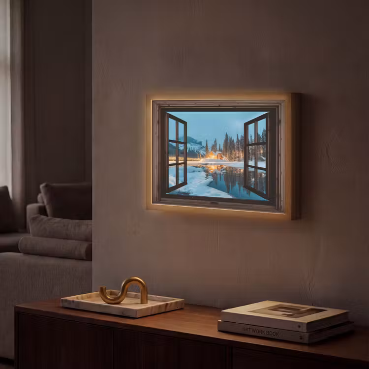 Doorkijk - Winter - Landschap - Natuur - Huis - Bergen Light Box met batterij (Wandlamp) middel -sfeer1