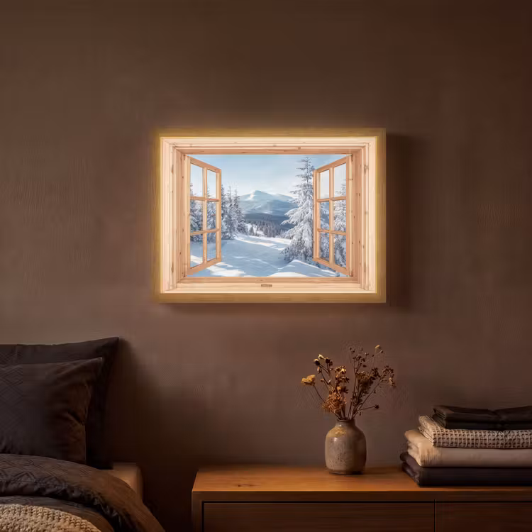 Doorkijk - Winterlandschap - Natuur - Berg - Bomen - Hout Light Box met batterij (Wandlamp) middel -sfeer4