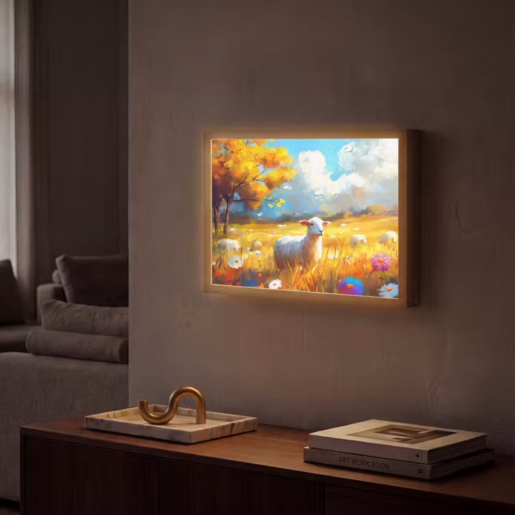 Schaap - Weide - Bloemen Light Box met batterij (Wandlamp) middel -sfeer1