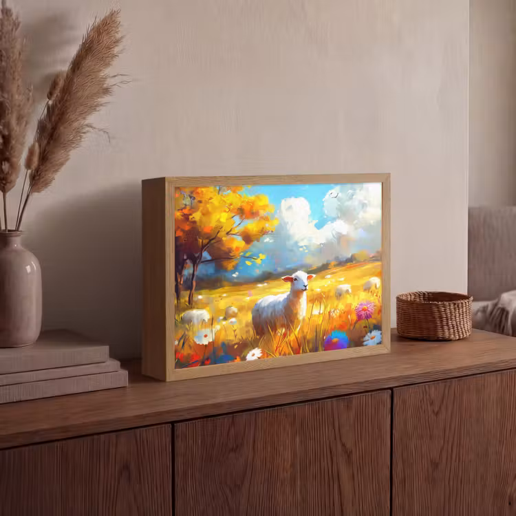Schaap - Weide - Bloemen Light Box met batterij (Wandlamp) middel -sfeer2