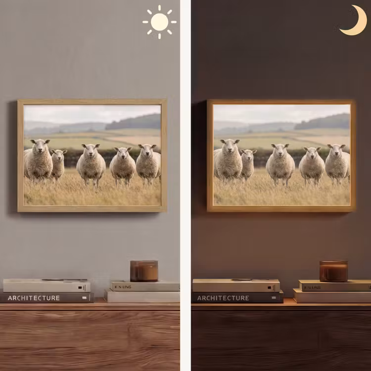Schapen - Weidenlandschap - Heuvels Light Box met batterij (Wandlamp) middel -sfeer3