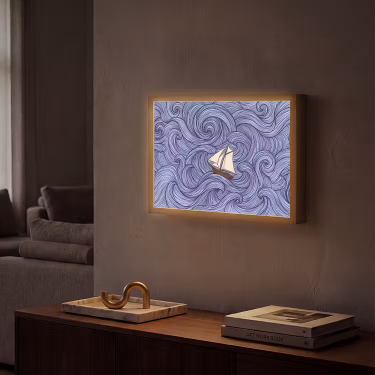 Schip - Golven - Zee - Illustratie - Blauw Light Box met batterij (Wandlamp) middel -sfeer1
