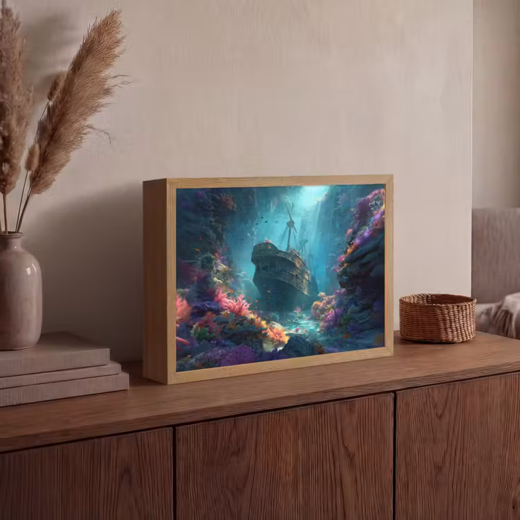 Schip - Hout - Koraalriffen - Zonlicht Light Box met batterij (Wandlamp) middel -sfeer2