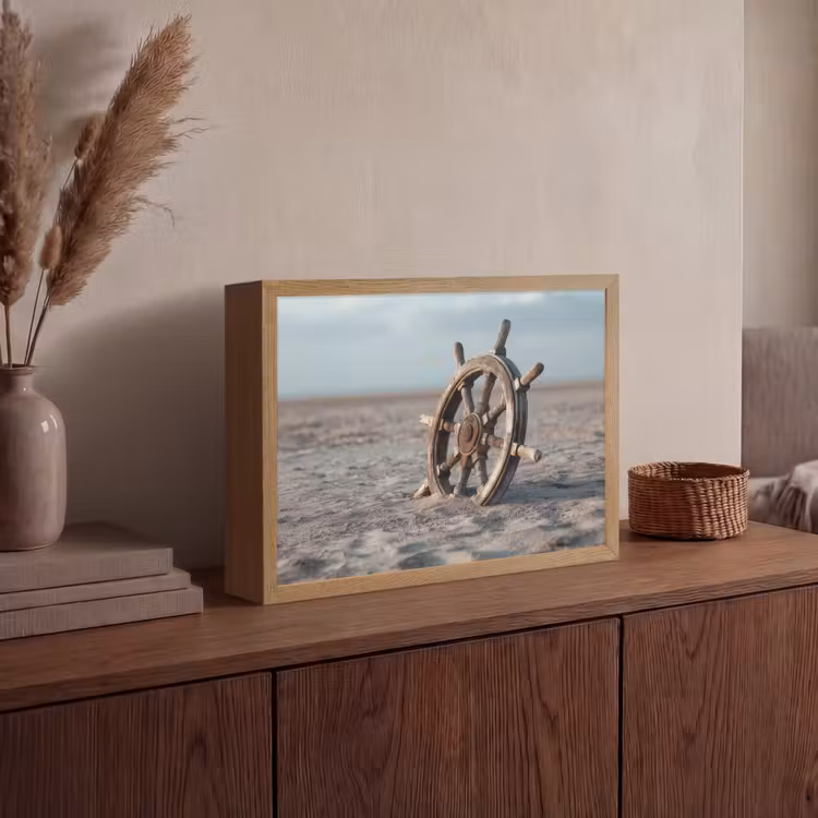 Scheepsstuur - Hout - Bruin - Zand Light Box met batterij (Wandlamp) middel -sfeer2