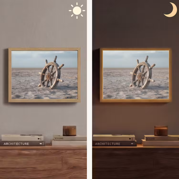 Scheepsstuur - Hout - Bruin - Zand Light Box met batterij (Wandlamp) middel -sfeer3