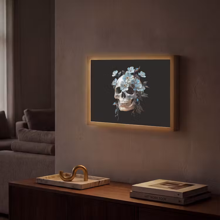 Schedel - Blauw - Bloemen - Bladeren Light Box met batterij (Wandlamp) middel -sfeer1