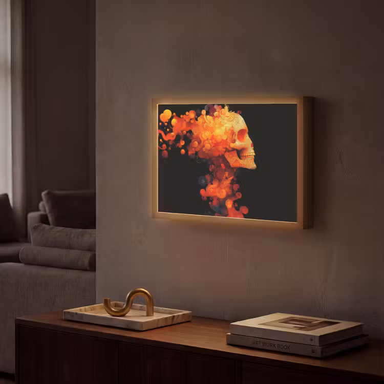 Schedel - Oranje - Zijaanzicht - Vlammen Light Box met batterij (Wandlamp) middel -sfeer1