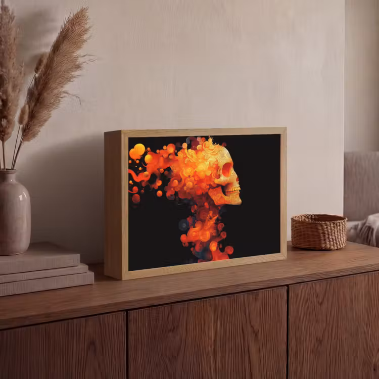 Schedel - Oranje - Zijaanzicht - Vlammen Light Box met batterij (Wandlamp) middel -sfeer2