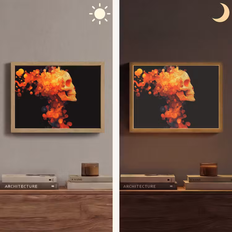 Schedel - Oranje - Zijaanzicht - Vlammen Light Box met batterij (Wandlamp) middel -sfeer3
