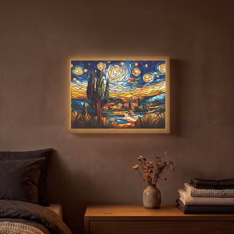 Hemel - Sterren - Mozaïek - Huizen Light Box met batterij (Wandlamp) middel -sfeer4