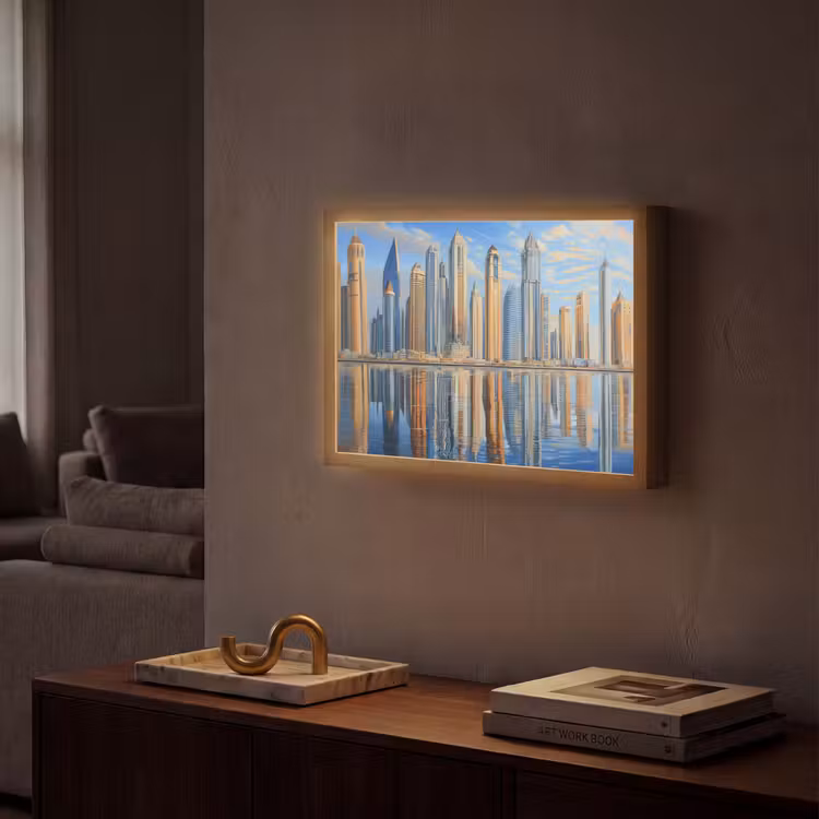 Skyline - Wolkenkrabbers - Water - Blauw Light Box met batterij (Wandlamp) middel -sfeer1