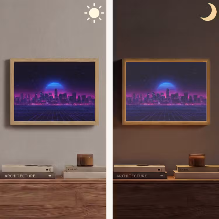 Skyline - Zon - Neon - Rasterpatroon Light Box met batterij (Wandlamp) middel -sfeer3