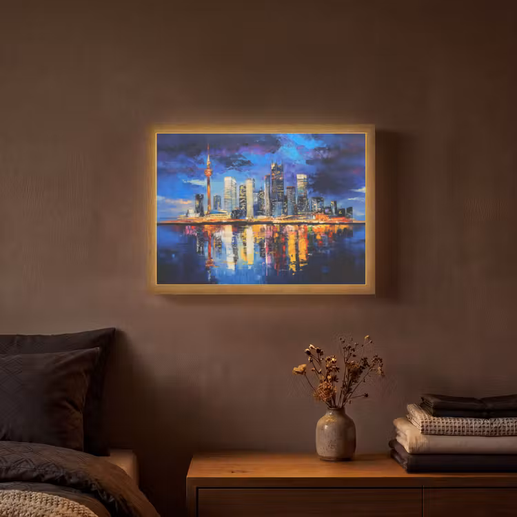 Skyline Toronto - Modern - Stadslicht - Blauw Light Box met batterij (Wandlamp) middel -sfeer4