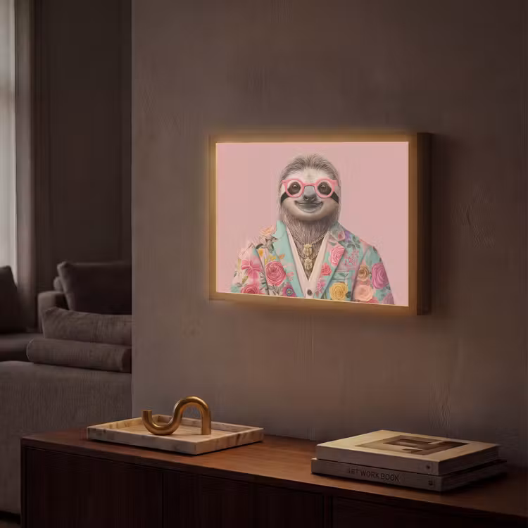 Luiaard - Bloemenprint - Bril - Roze Light Box met batterij (Wandlamp) middel -sfeer1
