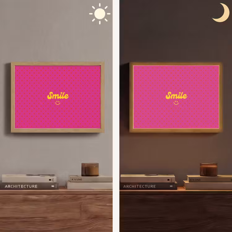 Smile - Stippen - Geel - Smiley - Roze Light Box met batterij (Wandlamp) middel -sfeer3