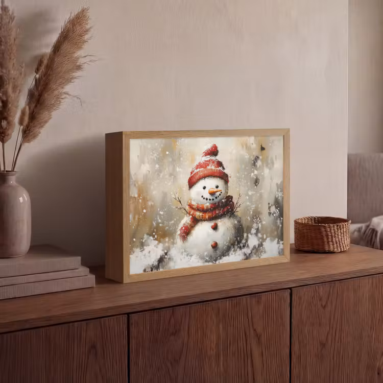 Sneeuwpop - Winter - Sneeuw - Beige Light Box met batterij (Wandlamp) middel -sfeer2