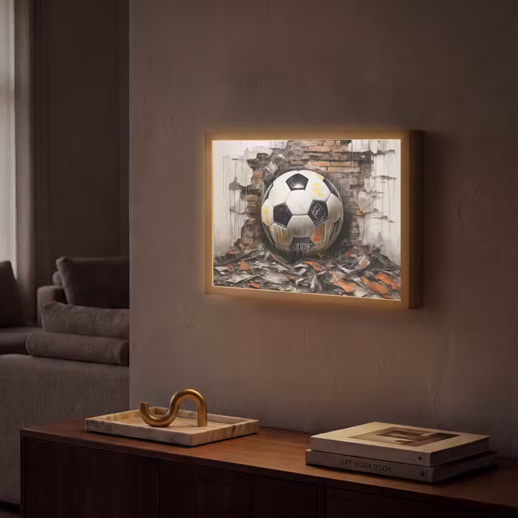 Voetbal - Muur - Zwart - Wit Light Box met batterij (Wandlamp) middel -sfeer1