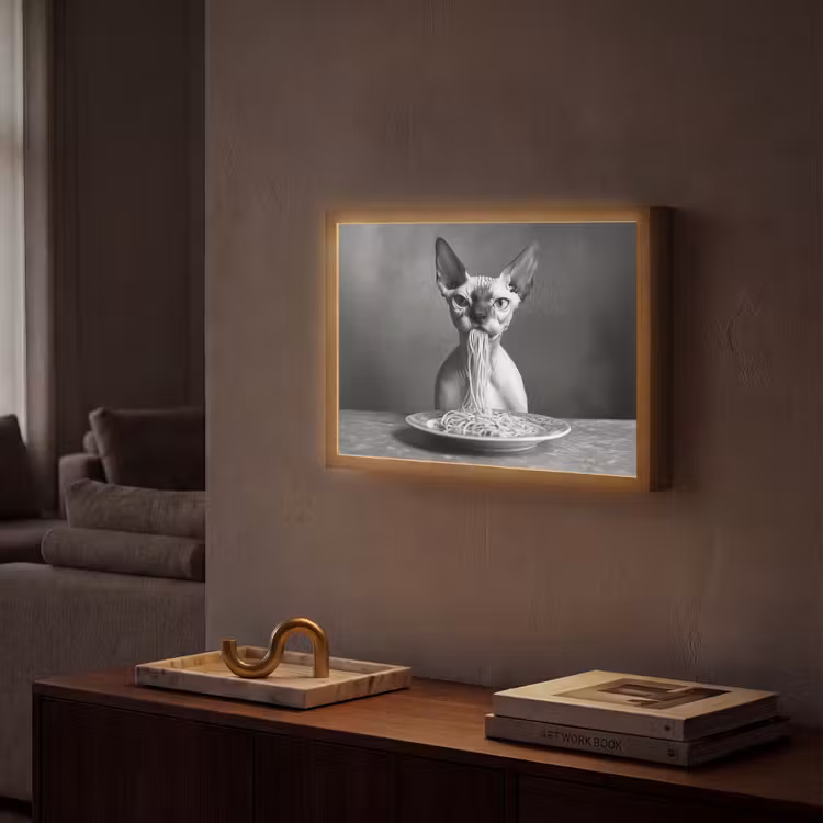 Sphynx - Kat - Dieren - Humor - Spaghetti - Zwart Wit Light Box met batterij (Wandlamp) middel -sfeer1