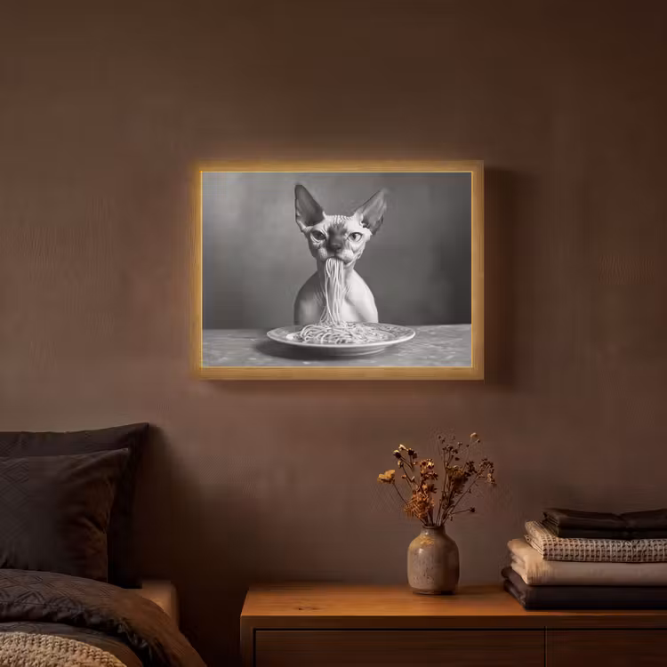 Sphynx - Kat - Dieren - Humor - Spaghetti - Zwart Wit Light Box met batterij (Wandlamp) middel -sfeer4