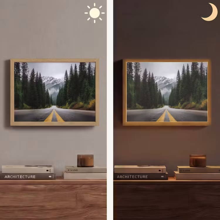 Sparrenbos - Weg - Bergen - Sneeuw Light Box met batterij (Wandlamp) middel -sfeer3