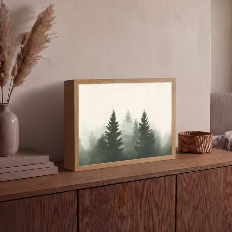 Sparren - Bomen - Groen - Beige Light Box met batterij (Wandlamp) middel -sfeer2