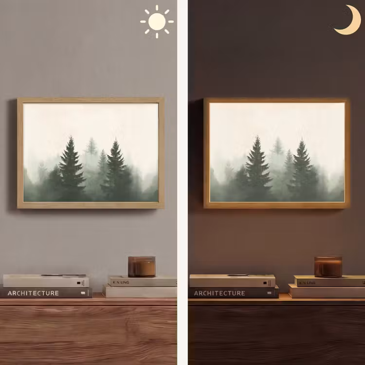 Sparren - Bomen - Groen - Beige Light Box met batterij (Wandlamp) middel -sfeer3