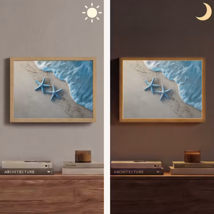 Zeesterren - Zand - Zee - Blauw Light Box met batterij (Wandlamp) middel -sfeer3