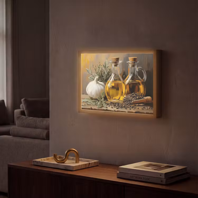 Stilleven - Olijfolie - Knoflook - Kruiden Light Box met batterij (Wandlamp) middel -sfeer1