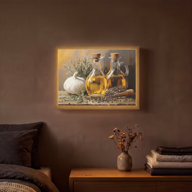 Stilleven - Olijfolie - Knoflook - Kruiden Light Box met batterij (Wandlamp) middel -sfeer4