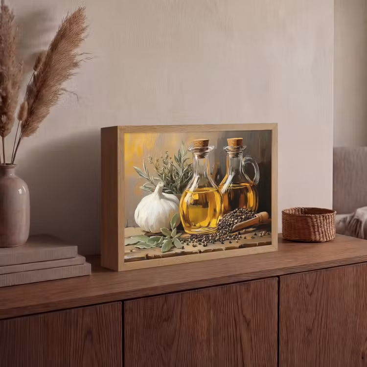 Stilleven - Olijfolie - Knoflook - Kruiden Light Box met batterij (Wandlamp) middel -sfeer2
