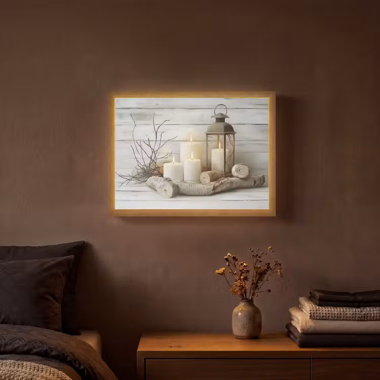 Stilleven - Wit - Kaarsen - Rustiek - Natuur Light Box met batterij (Wandlamp) middel -sfeer4