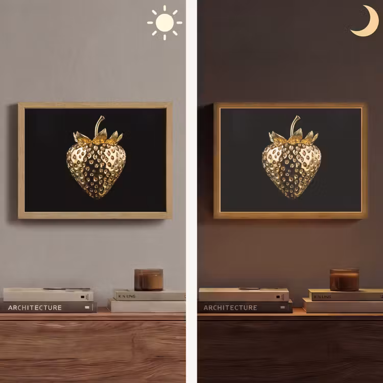 Aardbei - Goud - Zwart - Chrome Light Box met batterij (Wandlamp) middel -sfeer3