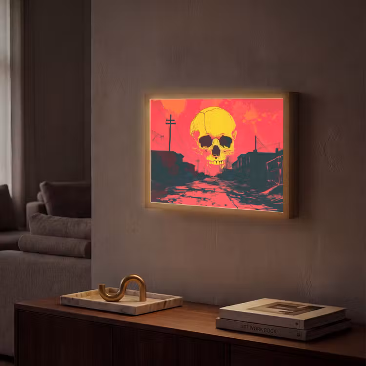 Straat - Verlaten - Schedel - Geel Light Box met batterij (Wandlamp) middel -sfeer1