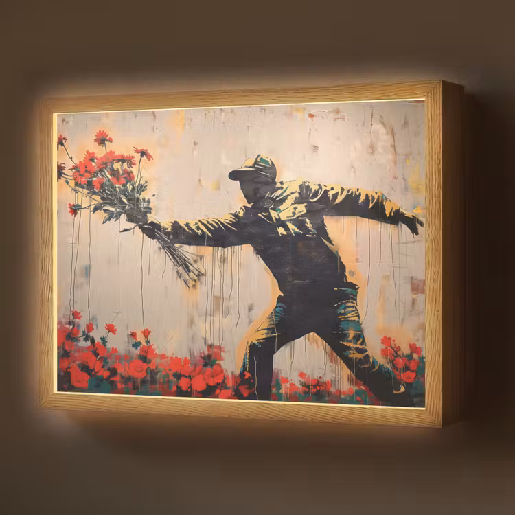Street art - Man - Bloemen - Graffiti - Banksy Style Light Box met batterij (Wandlamp) middel -z3d_website